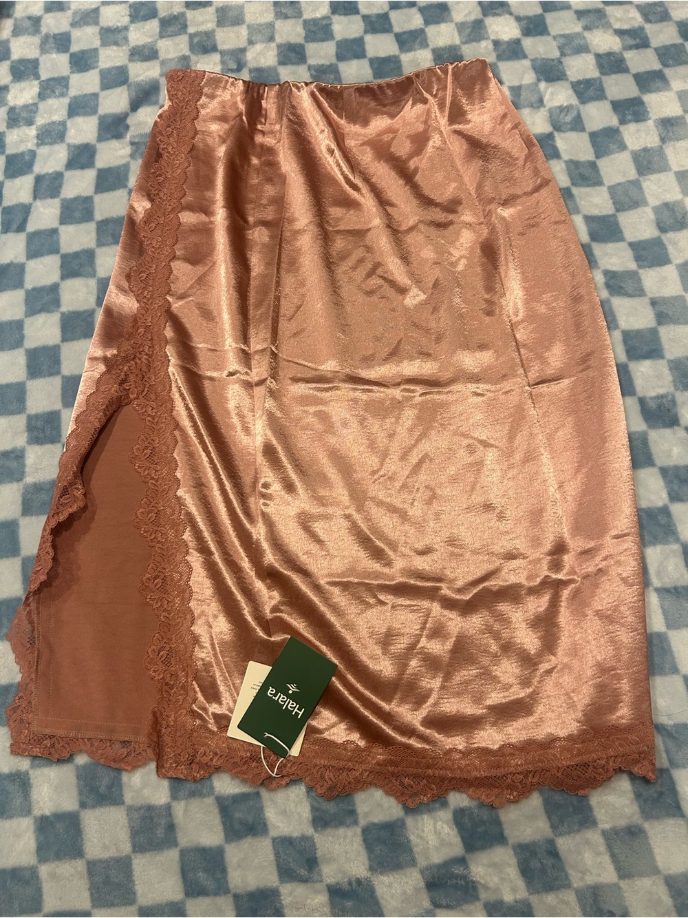 NWT HALARA Rose Gold Satin Slip Skirt with Lace Side Panel